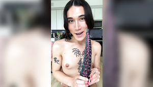 Cute Asian Tranny Inserts A Really Huge Dildo Inside Her Asshole