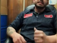 Mechanic Jerking His Cock Off In The Office & Cumming