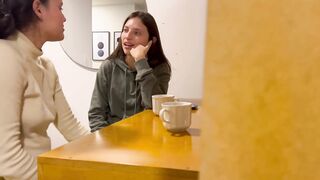 Lesbians Touch Themselves In Public And Then Fuck In A Public Bathroom.